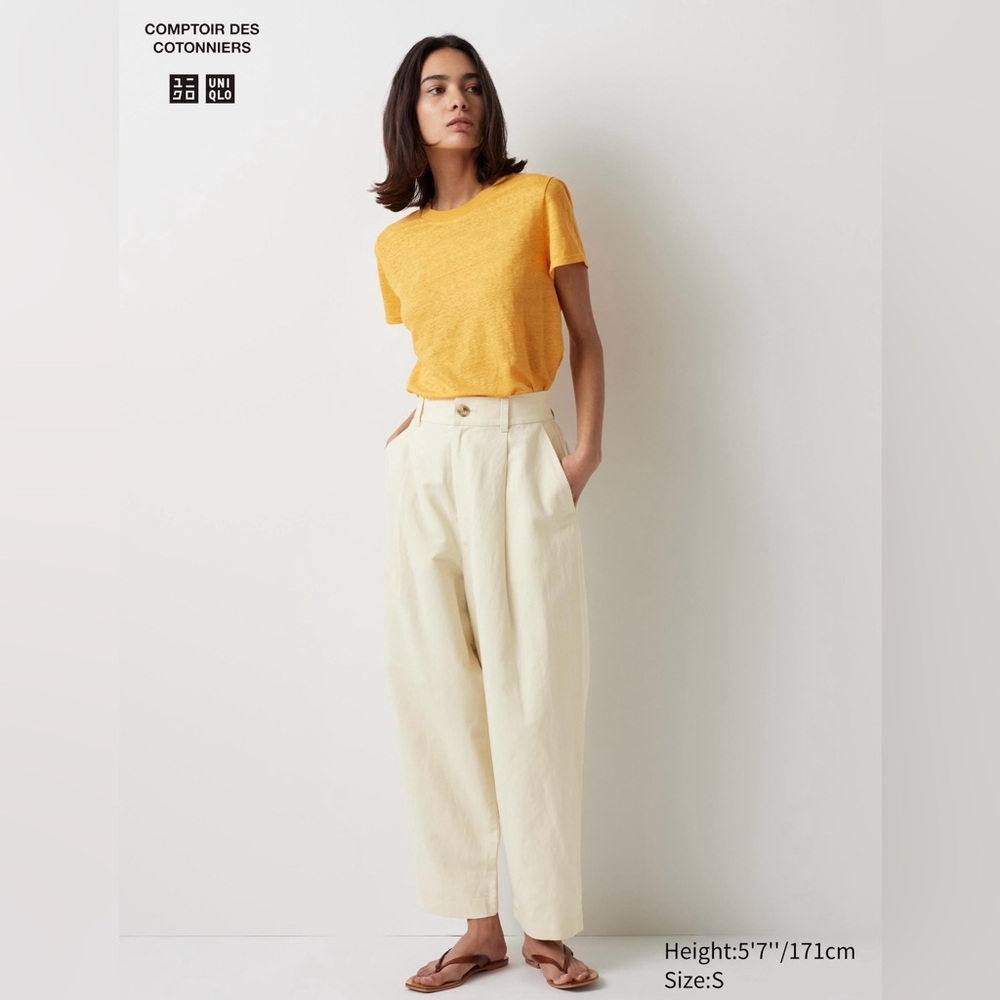 Uniqlo Yellow Tee with Cream High-Waist Pants